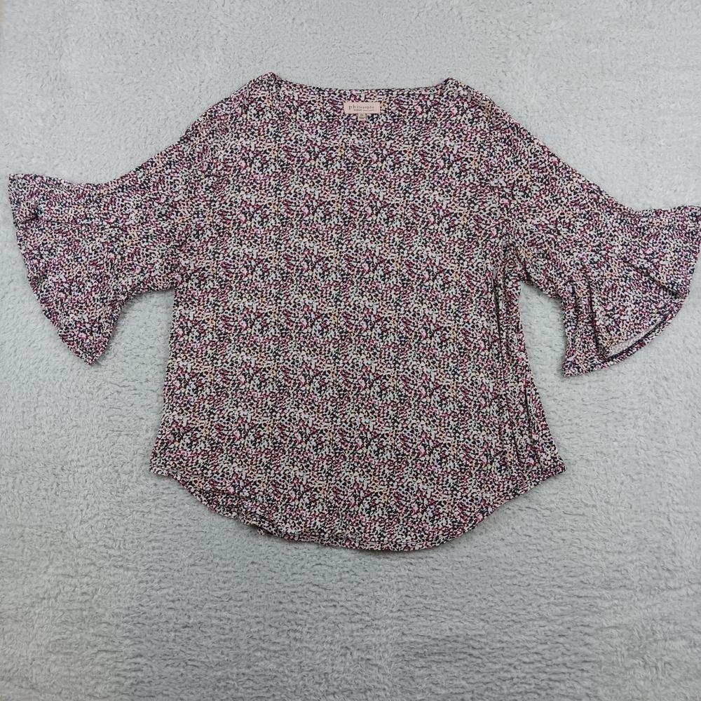 Philosophy Woman Blouse 2X Pink Blue Abstract Bell Sleeve Scoop Neck Top